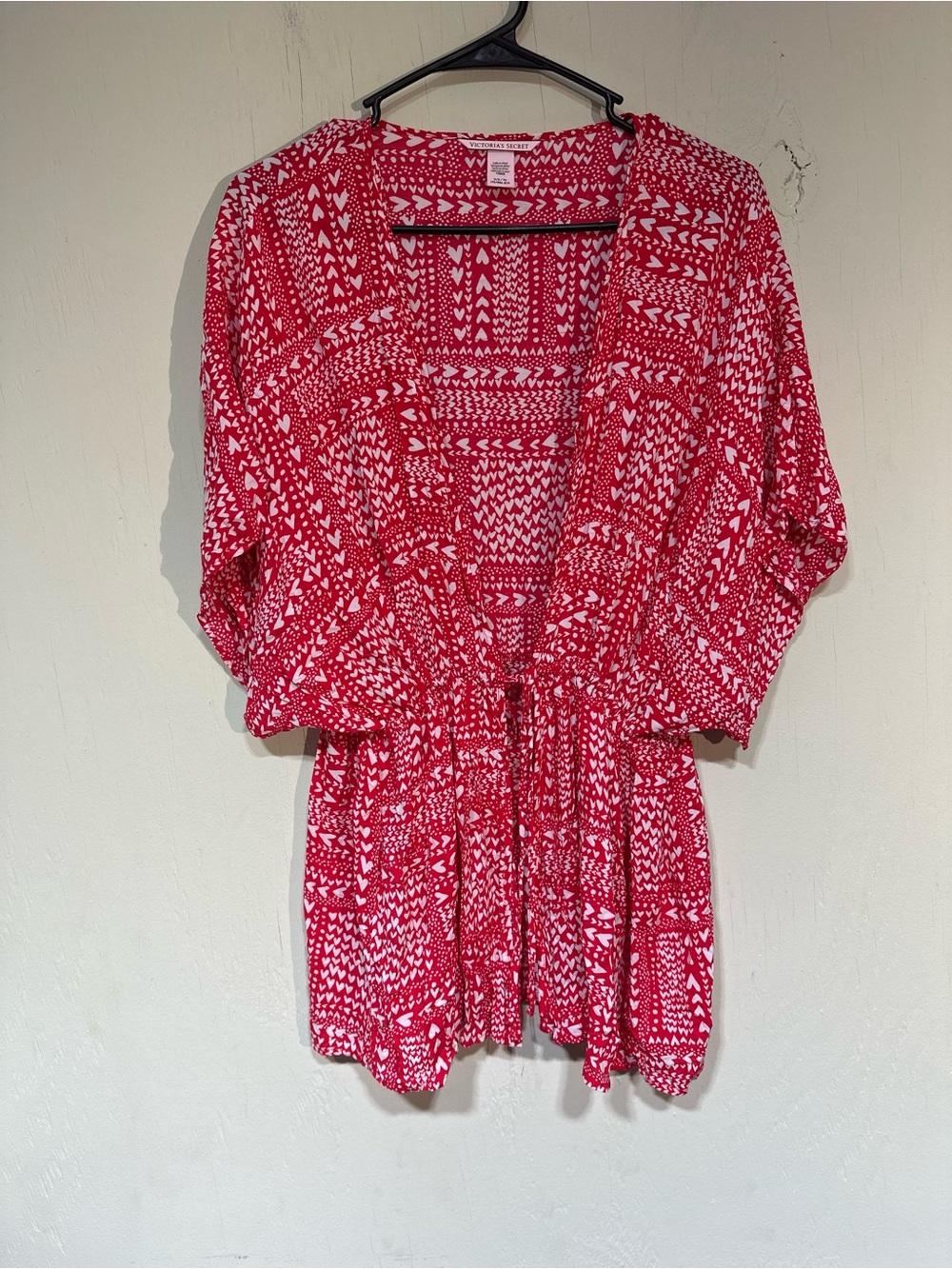 Victorias Secret red with white hearts Valentine’s Day open front kimono robe OS